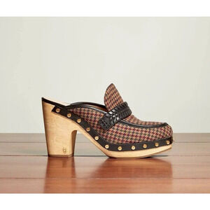 Veronica Beard Delia Houndstooth Heeled Loafer Mules 8.5  Wood Platform Clogs